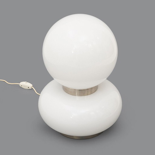 Lampe de table vintage en laiton nickelé et verre blanc, Italie 1970