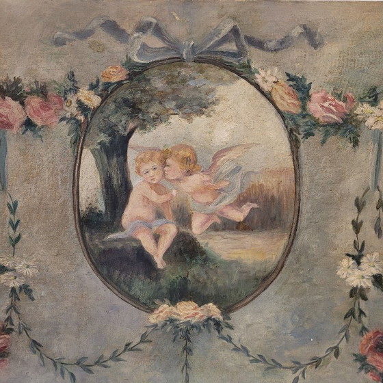 Image 1 of Paire de peintures à l'huile « Chérubins », D. Berthault, Art nouveau, 1922 – France