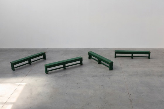 Image 1 of Rustiek primitief groen boerenbankje van massief eikenhout, Frankrijk ca. 1900