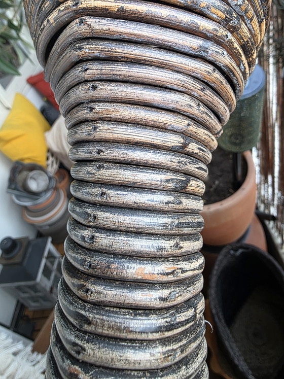 Vintage Handmade Stacked Rattan Pillar Candle Holder – 70s Boho Chic (42 cm) (photo 8 of 10)
