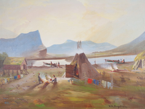 Image 1 of Peinture "The Riverside Camp", design scandinave, 19e siècle, par Vilhelm Oskar Engström