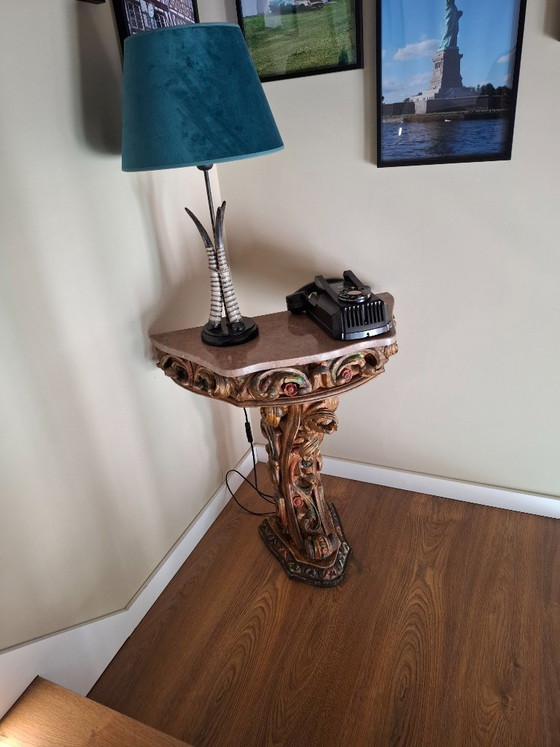 Image 1 of Antique Portuguese Gilded Console Table with Marble Top - 19th Century Carved Wood - Hand-Painted Polychrome Details - VGC