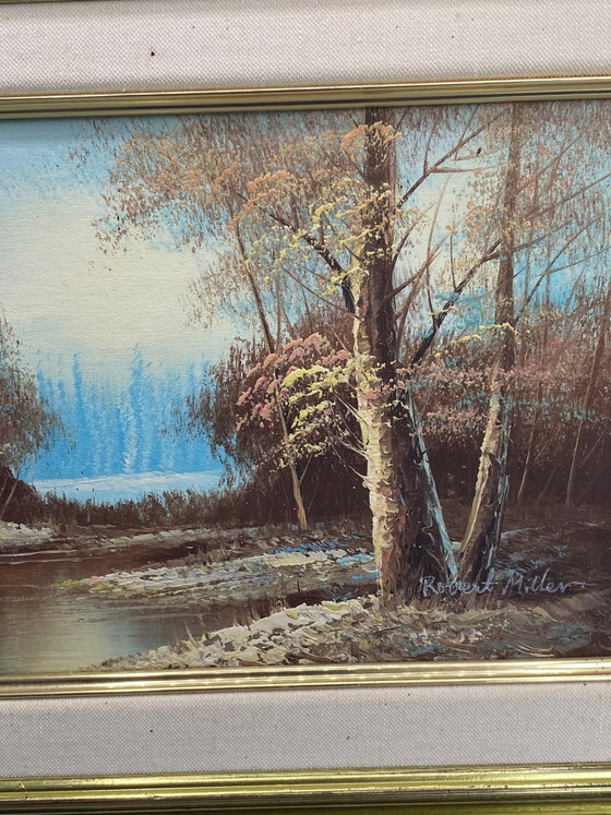 Oil on canvas signed Robert Miller, woodland river landscape, 20th century – Decorative Objects, Textile (photo 4 of 9)