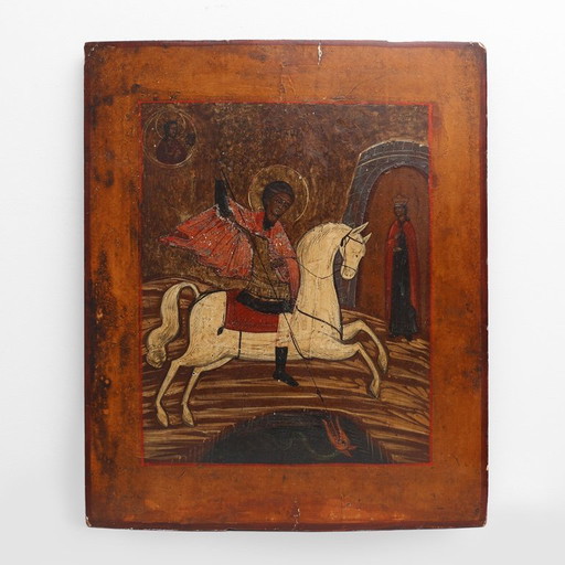 19th-Century Russian Religious Icon of Saint George and the Dragon, Hand-Painted on Wood