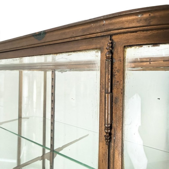 Image 1 of Grote antieke museum vitrinekast met gebogen glas – bronskleurig metalen vitrinekast