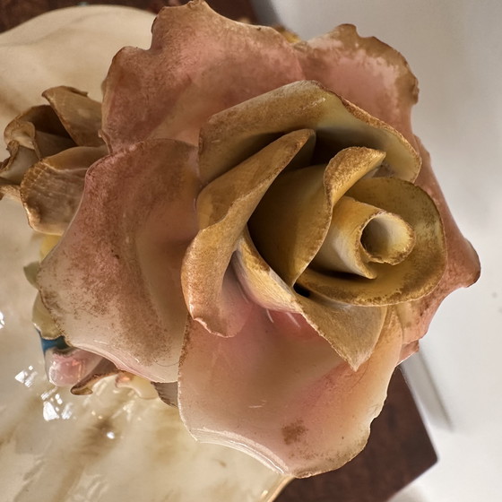 Image 1 of Vintage Baroque-Style Ceramic Lidded Bowl with Hand-Applied Flowers