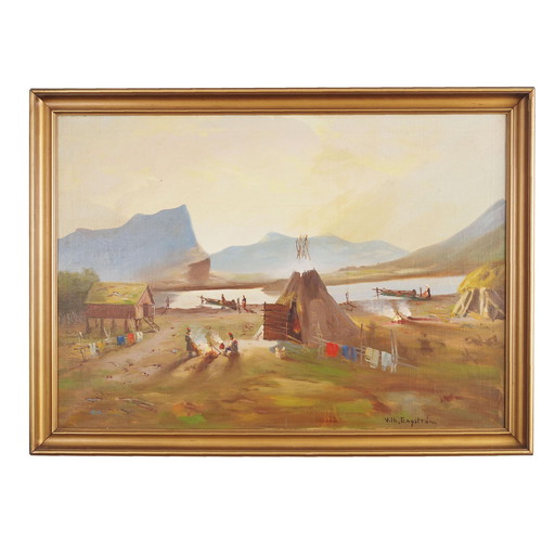 Peinture "The Riverside Camp", design scandinave, 19e siècle, par Vilhelm Oskar Engström