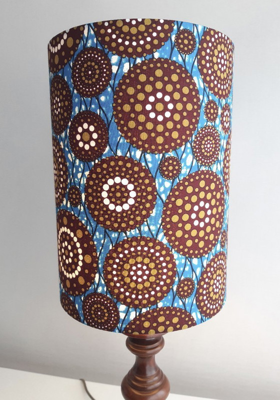 Image 1 of Turned wooden vintage lamp base with handmade lampshade of African wax fabric