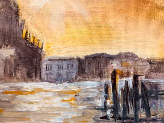 Image 1 of Signed oil painting on canvas, Venice landscape "Santa Maria" at sunset