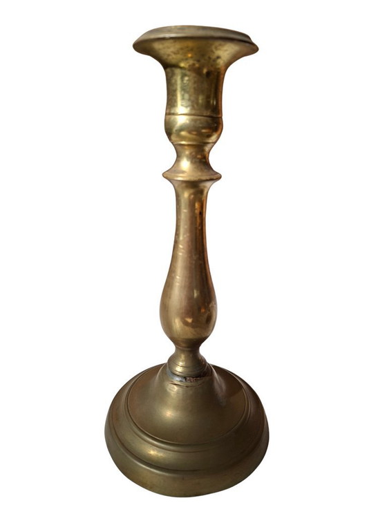 Image 1 of Paar antieke messing kandelaars - Klassieke stijl, hoogte 21 cm