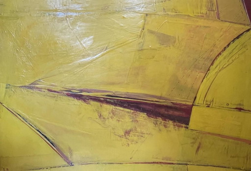 Serge Detriaux, Composition abstraite jaune, Huile sur panneau, 1982