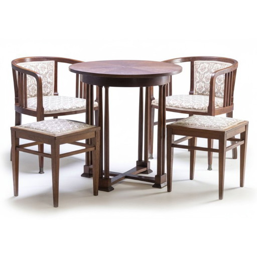 Art Nouveau Seating Set, Bentwood Table, Armchairs & Stools, circa 1910