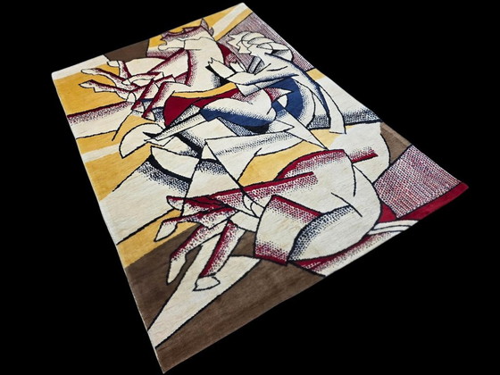 Handgeknüpfter Woll-Seiden-Teppich – Roy Lichtenstein Pop-Art-Komposition „Roter Reiter“ (190 x 260 cm) (photo 9 of 9)