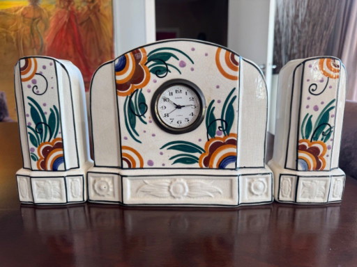 Garniture de cheminée Art Déco en faïence, Terra Belgique, années 1930