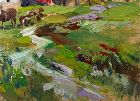 Image 1 of Original Oil Painting Summer Village Landscape Horses by the hay