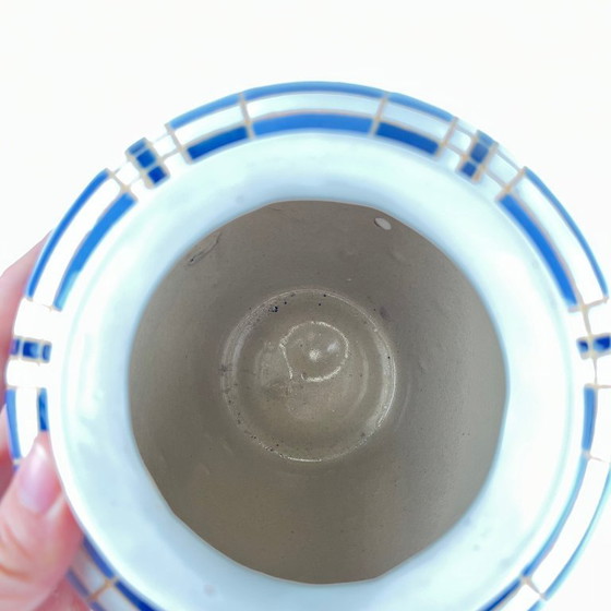 Image 1 of Vaso vintage degli anni '50, terracotta smaltata, decorazione geometrica blu e bianca