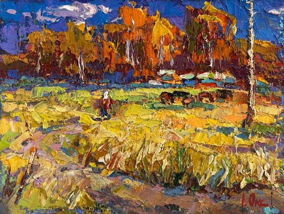 Image 1 of Original Oil Painting Fall Field Landscape Golden breath of autumn