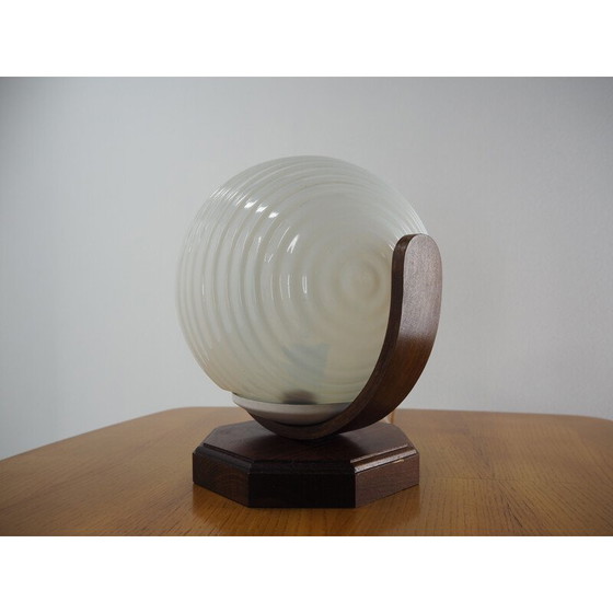 Image 1 of Vintage round table lamp in wood and glass, Czechoslovakia 1970