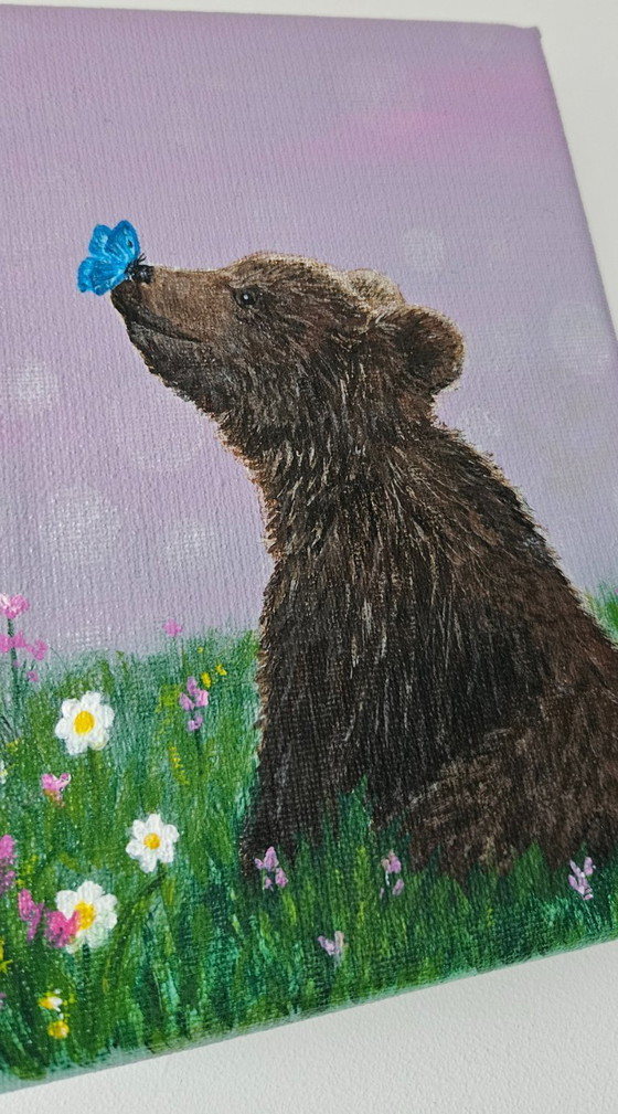 Image 1 of Handmade acrylic painting of a baby bear with a butterfly on its nose