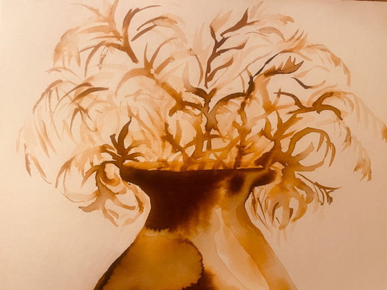 Image 1 of Painting signed, Wabi Sabi vase adorned with dried flowers