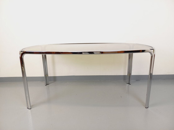 Image 1 of Incurved Rectangular Dining Table in Smoked Glass and Chrome Metal 70's Space Age Style