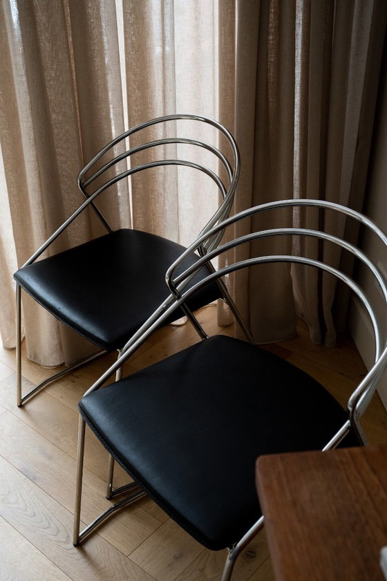 2 Vintage Design 80’s Stilistische Draadstaal Stoelen Chroom – Eetkamerstoelen, Leather (photo 10 of 10)