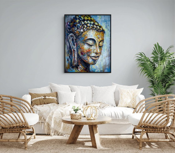Image 1 of Unique hand-painted Buddha painting "Golden Serenity" – Seksak Jaichumchen – 80 × 100 cm