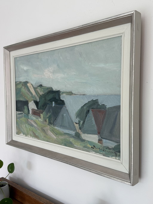 Abstract modernistisch schilderij van een kustlandschap 'Kust met huizen' van Carl Berntsson (1902-1982)