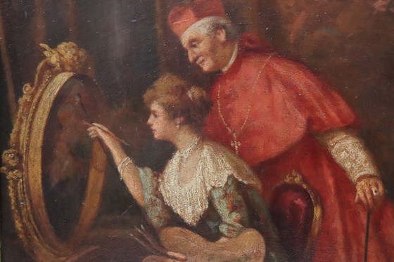 Image 1 of Olieverfschilderij op karton, Jonge schilderes met kardinaal, Italië, 19e eeuw