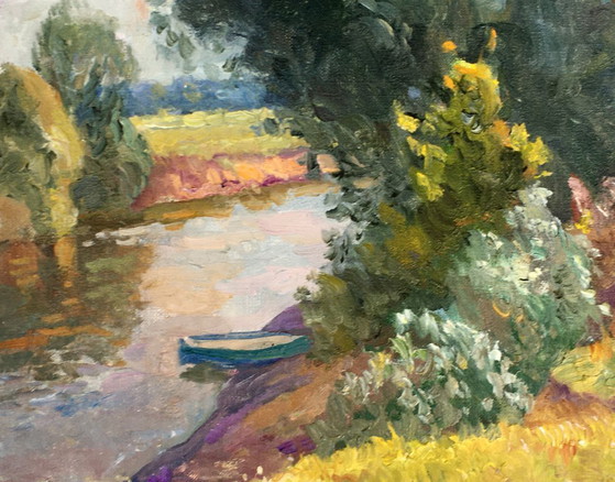 Image 1 of Originales Vintage-Ölgemälde: Ländliche Landschaft in Flussnähe