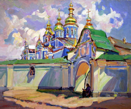 Original Oil Painting Landscape Temple Architecture Near the Gates of the Cathedral – schilderijen tekeningen, Canvas