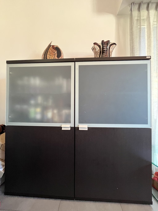 Hülsta high-end storage unit - dark wood and frosted glass – kasten, Metal