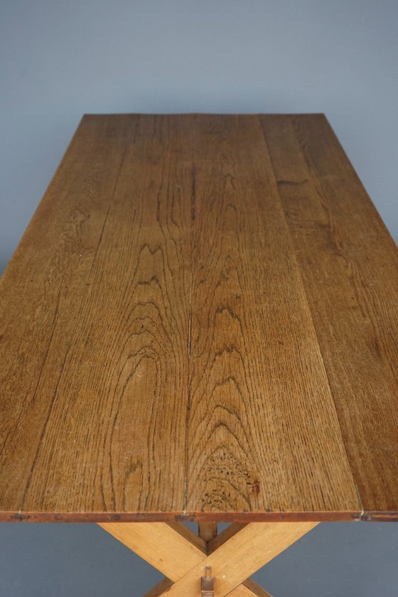 Image 1 of Rustic Cherry & Oak Wood Farmhouse X-Frame Dining Table, 1940s