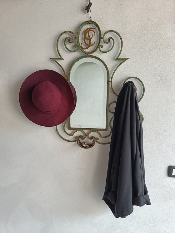 Image 1 of French wrought iron wall mirror coat rack, 1930s–40s, large decorative entry piece