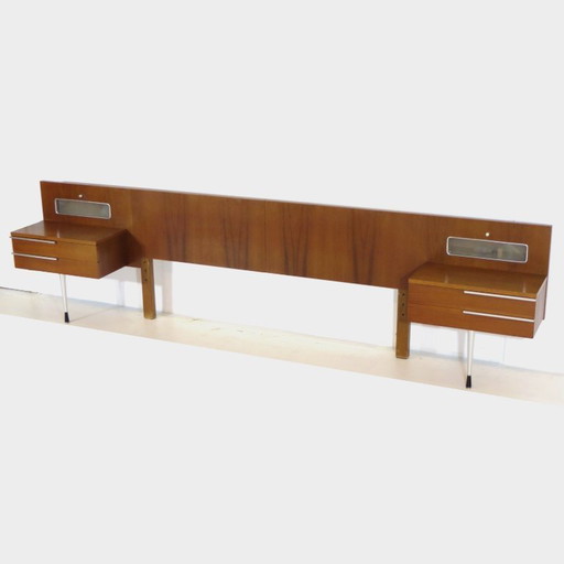 Vintage teak headboard with bedside tables and lighting, 1960s