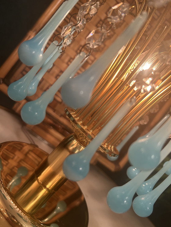Image 1 of Vintage Opaline Blue Table Lamp Gold Frame