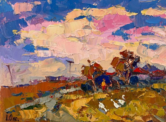Image 1 of Original Oil Painting Sunset Field Landscape Evening pink clouds