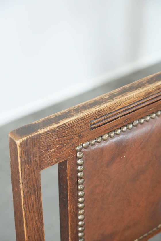 Image 1 of 4 x Antique Oak Dining Chairs in Art Nouveau Style with Cognac-Colored Cowhide Leather