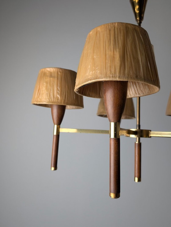 Image 1 of Danish Five-Arm Chandelier in Wood and Brass, 1950s