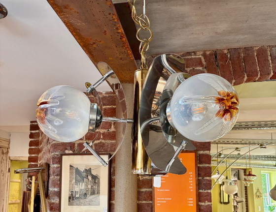 Vintage metalen kroonluchter met kaarsenhouders van Murano-glas (Gino Mazzega) - Drie lampen – Chrome (photo 5 of 7)