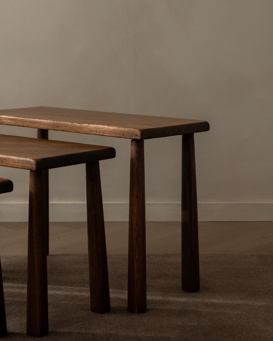 Image 1 of Vintage Brutalist Solid Oak Nesting Tables (Set of 3) – Dutch, 1970s