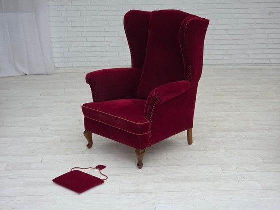 Image 1 of 1960s, Danish highback wingback armchair, cherry-red furniture velour.