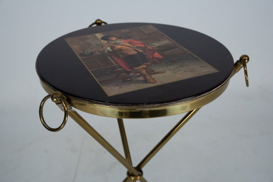 Image 1 of Small Italian brass and wood tripod coffee table from 50s