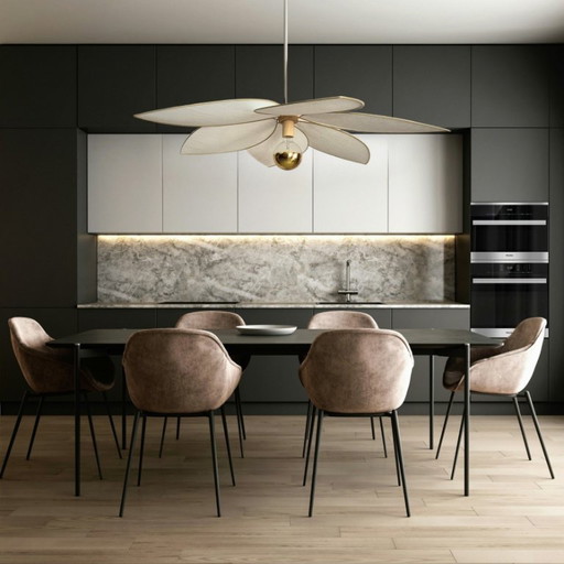 Hängeleuchte Blume, Modell Frida, 6 Blütenblätter Struktur Metall Gold und Leinen (Farbe nach Wunsch)