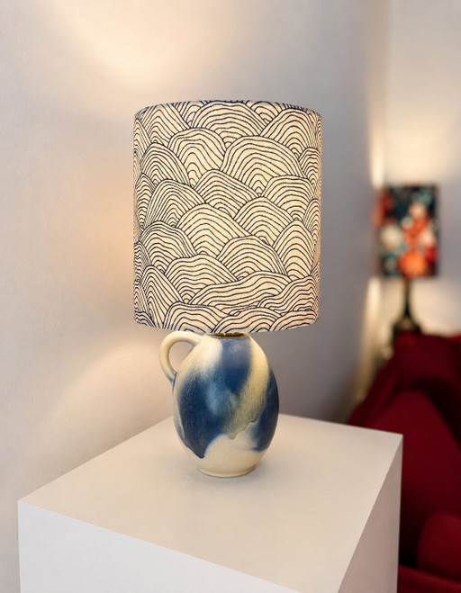 Small wireless West German Pottery vase lamp with Japanese shade