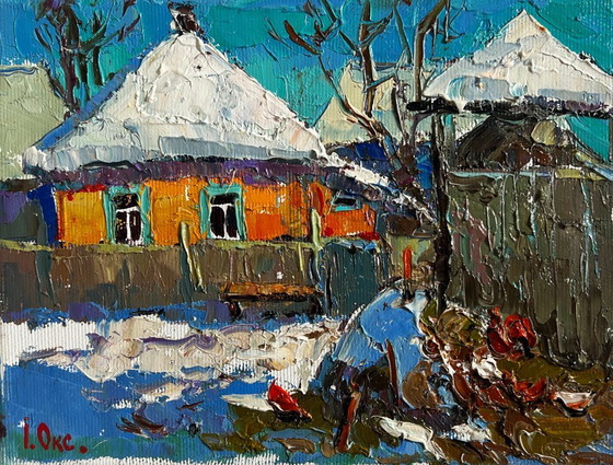Image 1 of Original Oil Painting Winter Houses Landscape Frosty morning in the village