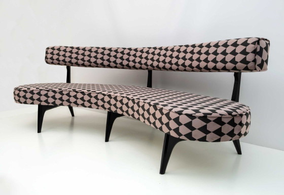 Curved Bench with Black and Beige Geometric Pattern, Kagan, Benches, Textile, Velvet, Mid Century Modern (photo 2 of 12)