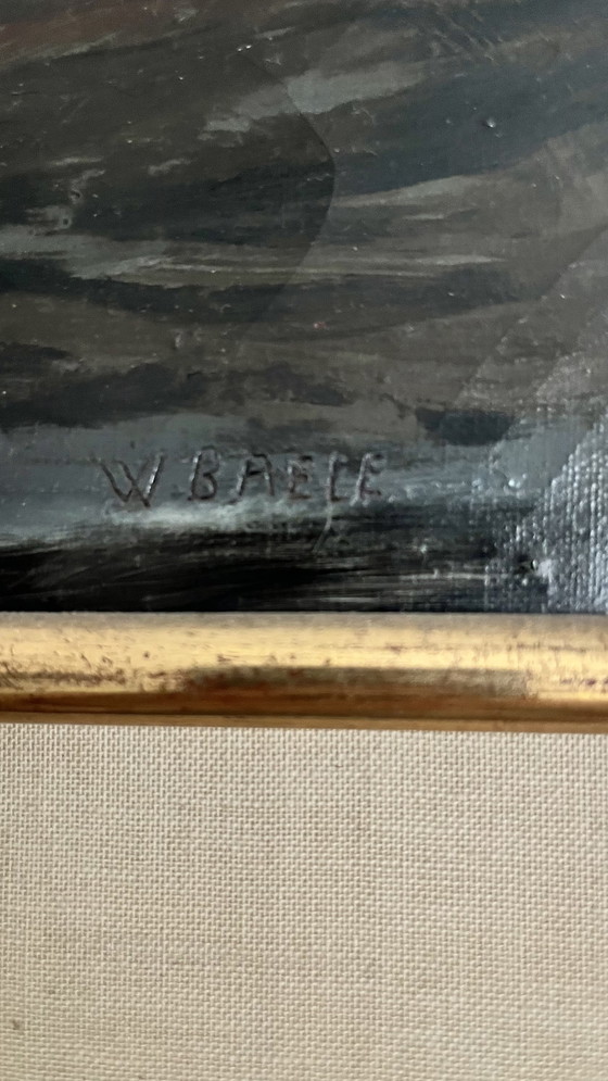 Image 1 of Vintage Oil Painting by W. Baele – Moody Seascape, Mid-Century Framed