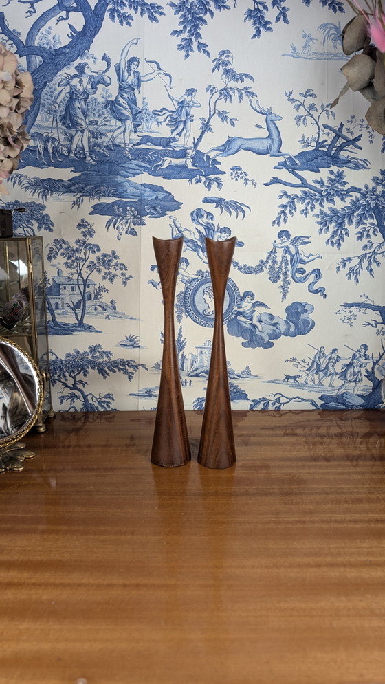 Image 1 of Pair of Scandinavian "Tulip" Candleholders in Vintage Teakwood from the 60s - Mid - Century Design