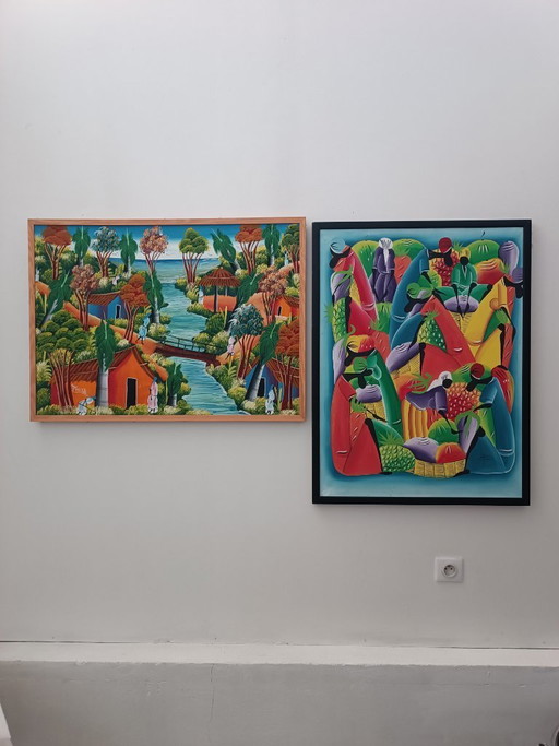 Oils on canvas, Caribbean Market Village, Felis Doyvi